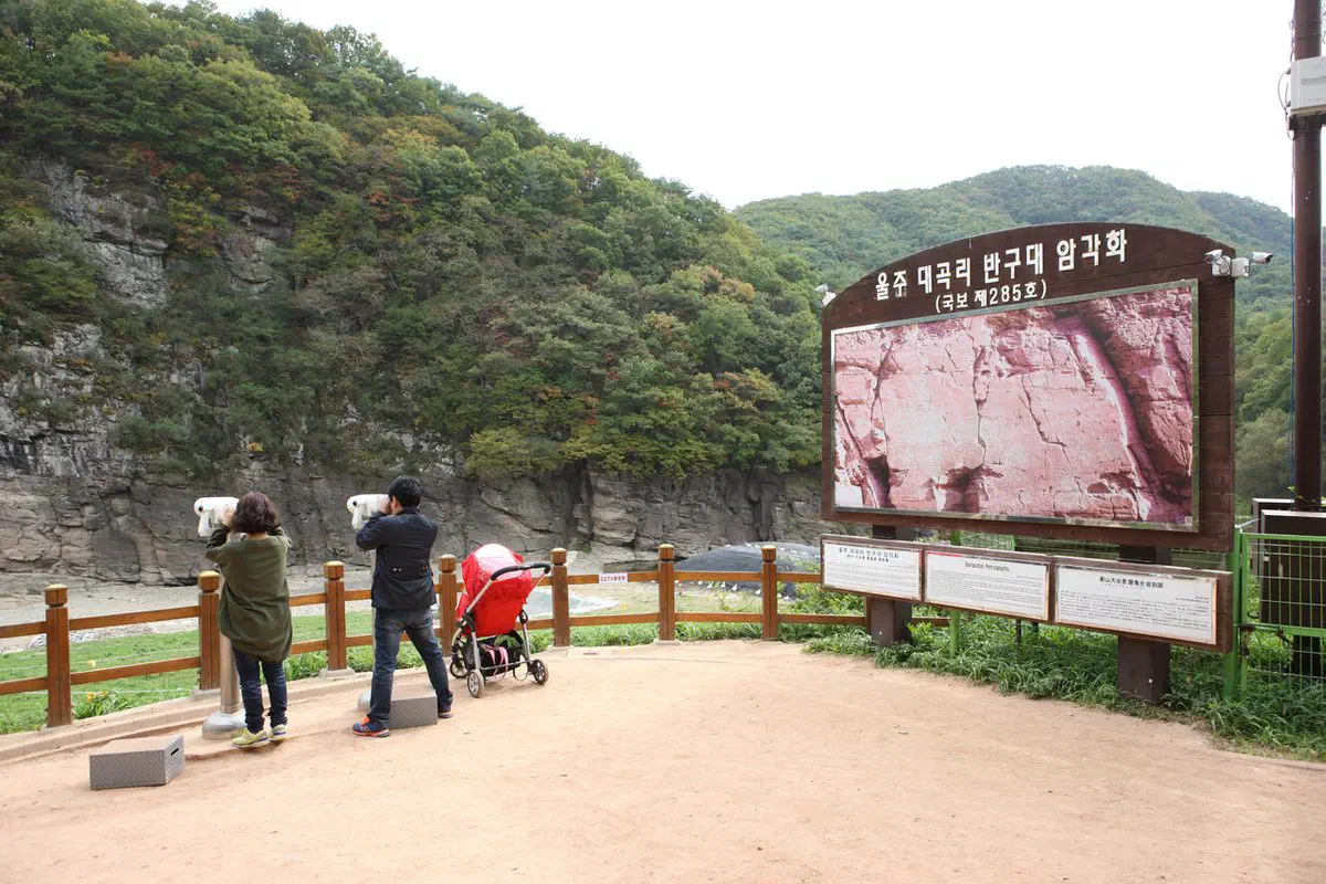 Two visitors at the Bangudae viewing platform looking through coin-operated binoculars across a river towards the distant rock face, beside a signboard carrying a photograph of the carvings they cannot see from there