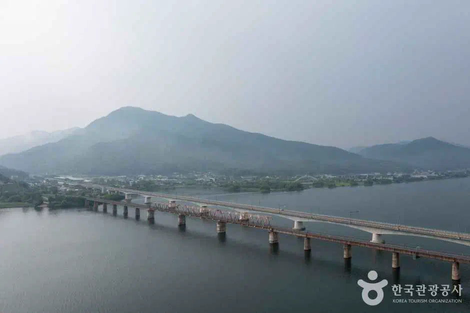 Aerial view of the Bukhangang railway bridge, part of the Namhangang cycling route in Yangpyeong