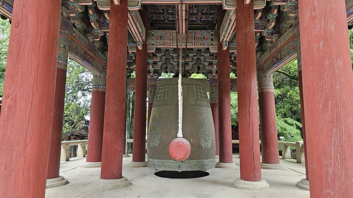 Bulguksa Temple's bell, hanging in a red pavilion