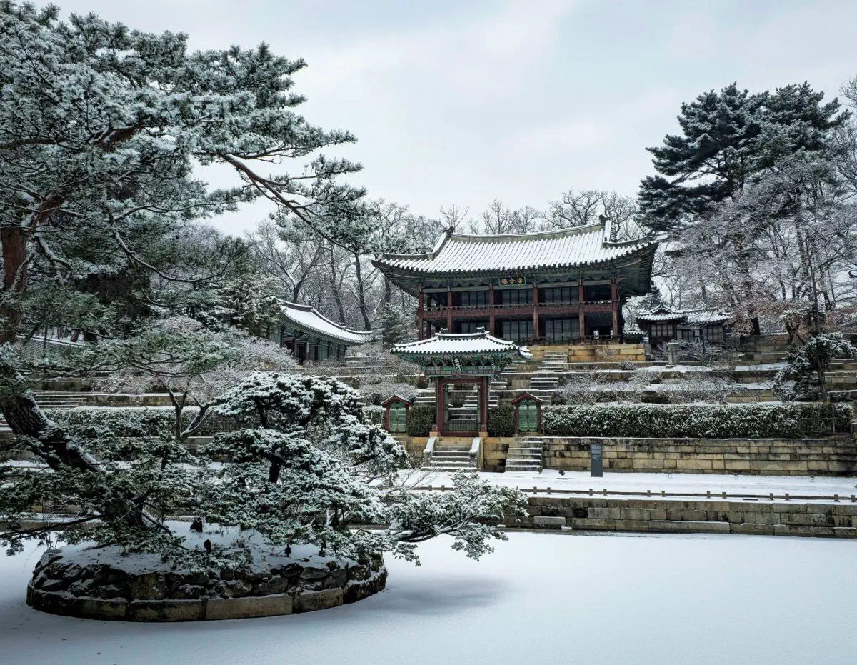 Snow-covered Huwon, the rear garden of Changdeokgung palace in Jongno-gu, Seoul