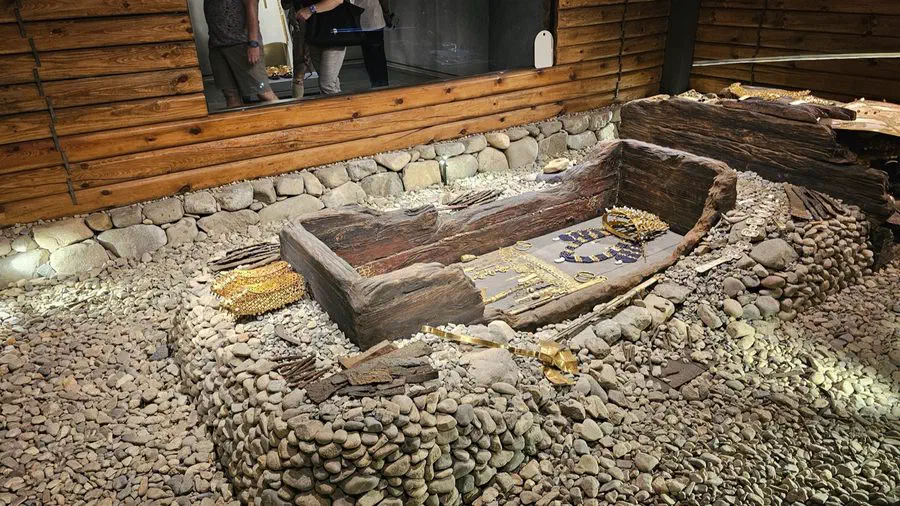 Gold artifacts on display inside Cheonmachong, the excavated Silla royal tomb