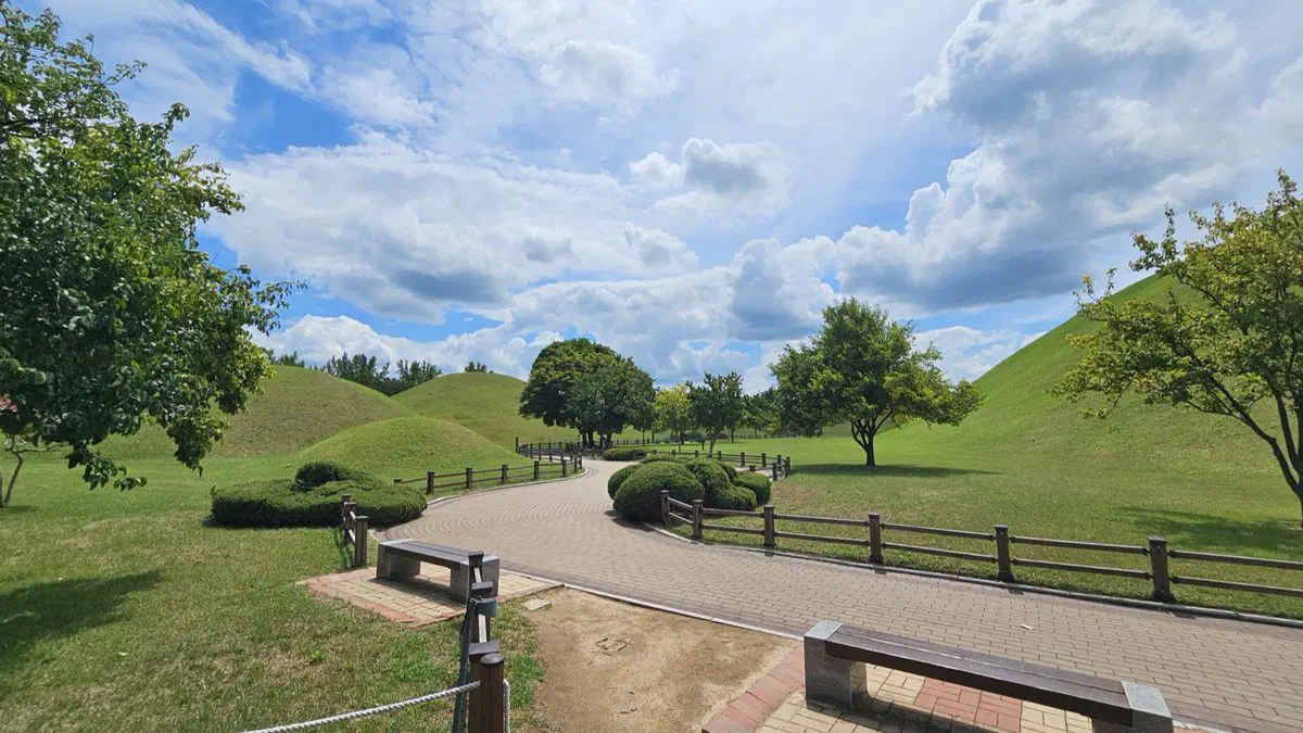 Grass-covered Silla royal tomb mounds and a walking path at Daereungwon
