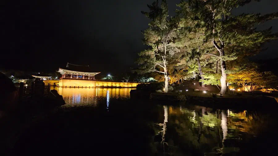 Donggung Palace's lit pavilions along Wolji pond at night