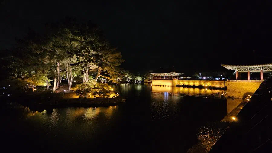 Donggung Palace's pavilions lit at night along Wolji pond