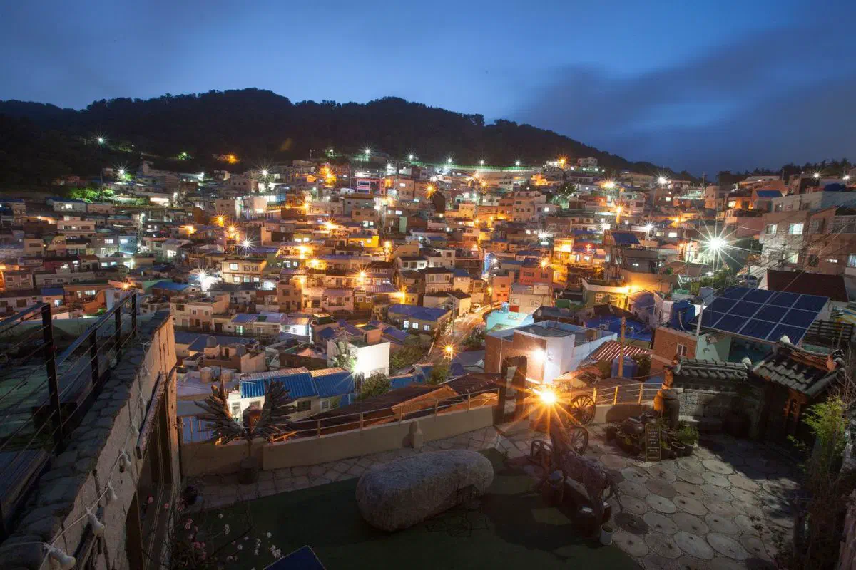 Gamcheon Culture Village in Saha-gu, Busan, houses stacked in colored tiers up the hillside