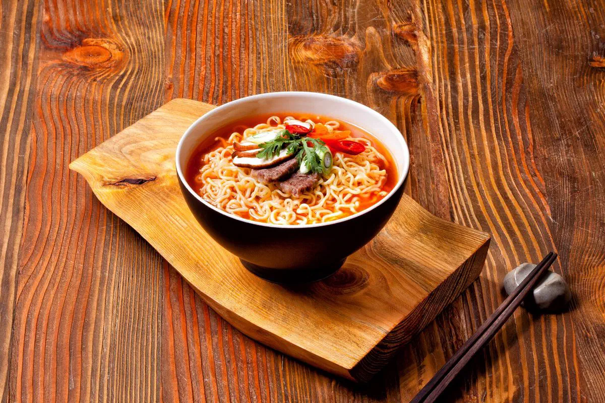 A prepared bowl of Nongshim's Shin Ramyun, the spicy instant noodle brand made in Gumi's factory