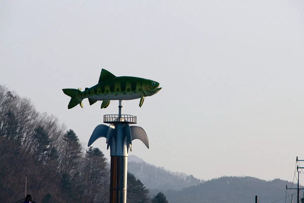 A sculpture of a sancheoneo mountain trout raised on a tower above the Hwacheon festival grounds, winter hills behind it