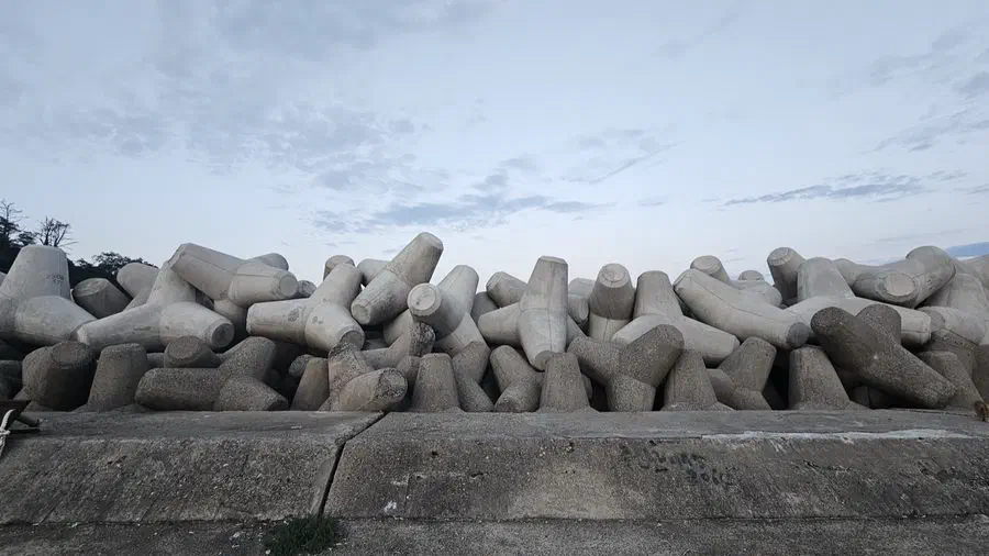 Concrete tetrapod breakwater blocks stacked at a Gyeongju coastal harbor