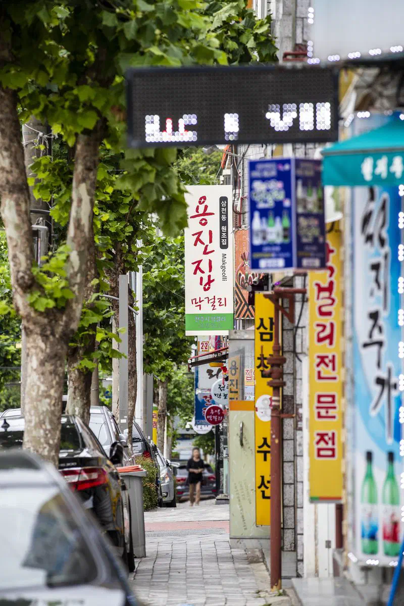 Makgeolli alley in Wansan-gu, Jeonju, where the rice liquor arrives with a table of side dishes