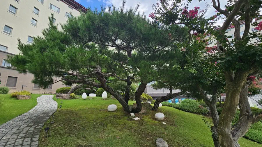 Egg-shaped stone lanterns in Kolon Hotel Gyeongju's garden