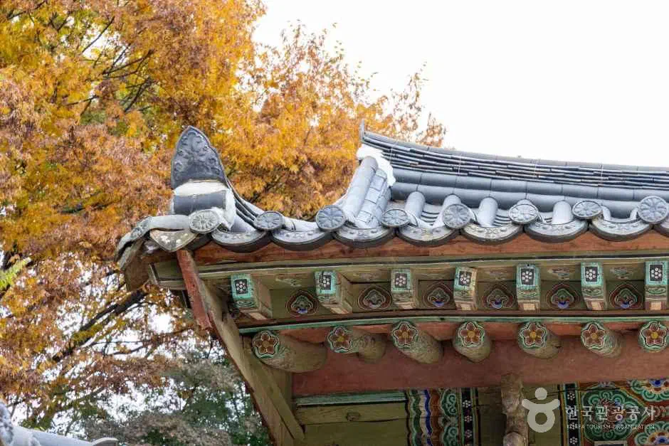 Painted rafters and roof tiles at Miryang Hyanggyo, a Confucian school in South Gyeongsang Province