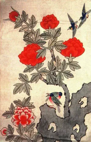 Minhwa folk painting of birds and flowers from an eight-panel screen, anonymous, public domain
