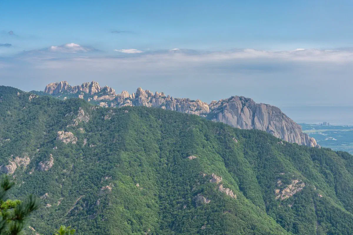 Ulsanbawi, the massive granite rock formation on Seoraksan's eastern ridge, seen from Seorak-dong