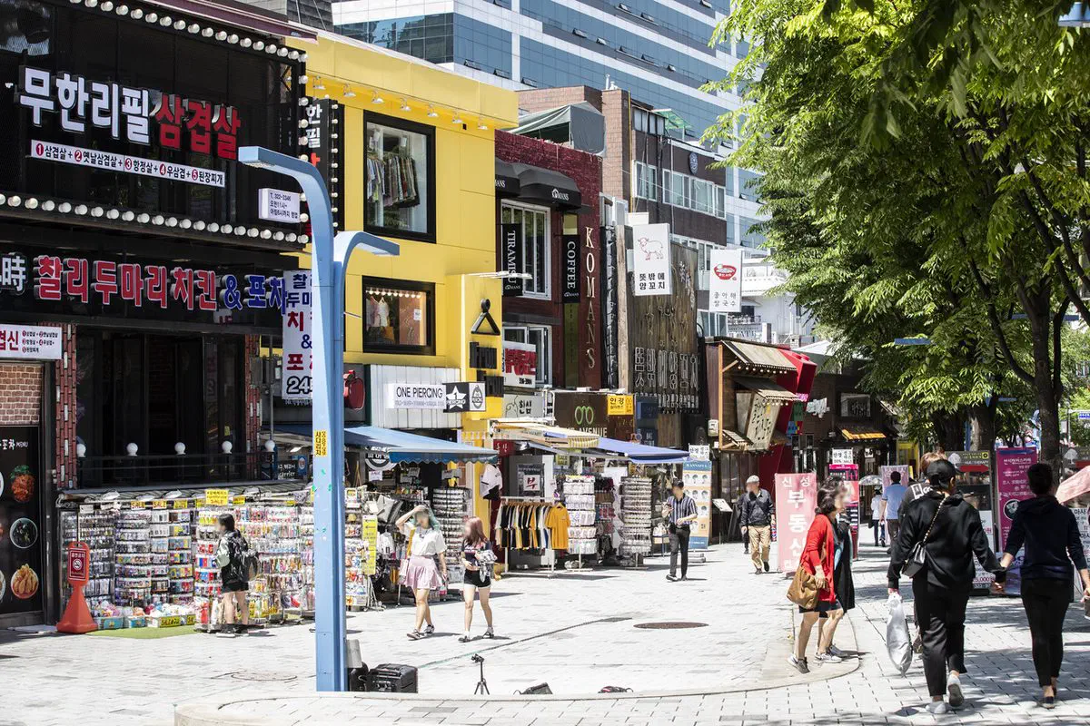 A street in Hongdae, Mapo-gu — the neighborhood's younger, trendier alternative to Myeongdong for eyewear shopping