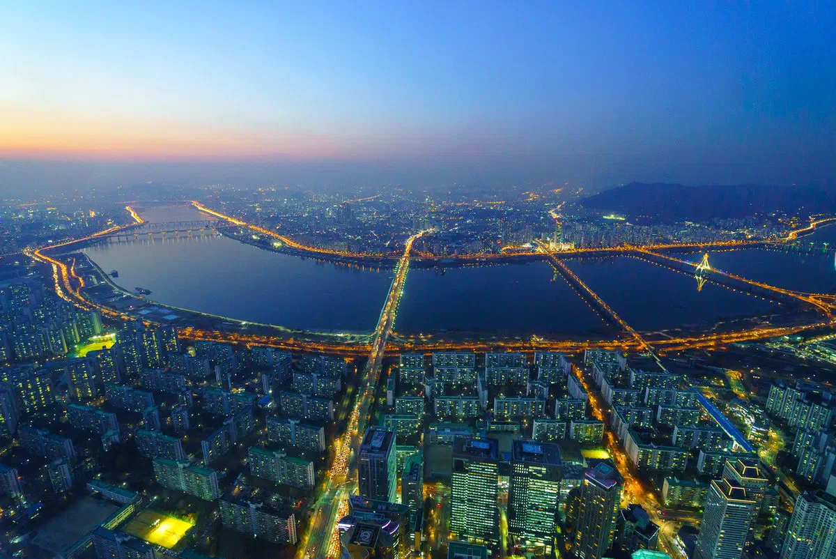 The night view of Seoul and the Han River from the Seoul Sky observatory inside Lotte World Tower