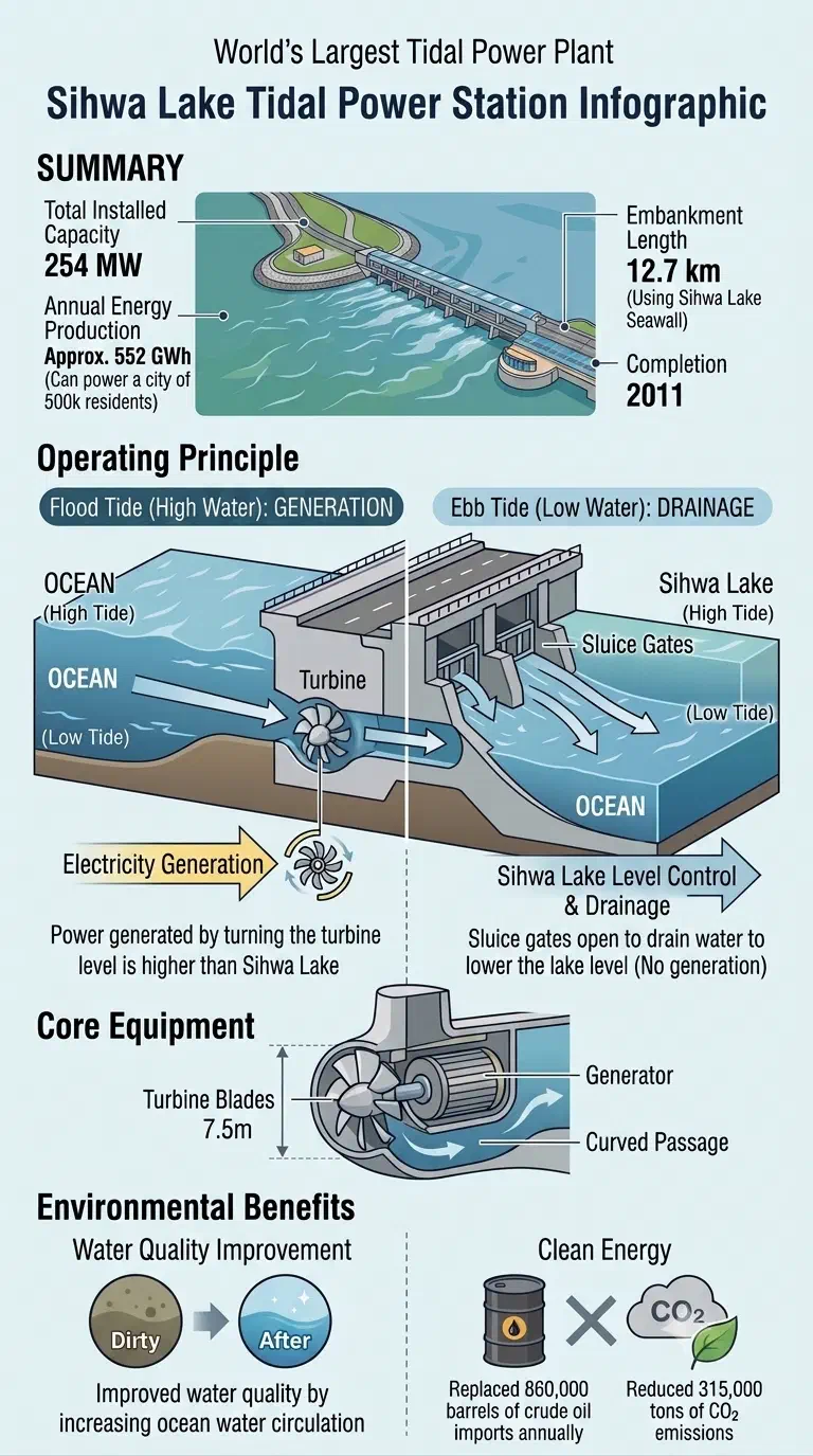 Infographic explaining the Sihwa tidal power station: 254 MW capacity, 552 GWh generated annually, completed 2011, a 12.7km embankment; a diagram showing seawater flowing in on the flood tide to spin turbines and generating power, versus sluice gates simply draining the lake on the ebb tide with no generation; ten turbines with 7.5-meter blades; and environmental effects — improved water quality and 862,000 barrels of crude oil imports avoided plus 315,000 tons of CO2 emissions avoided annually