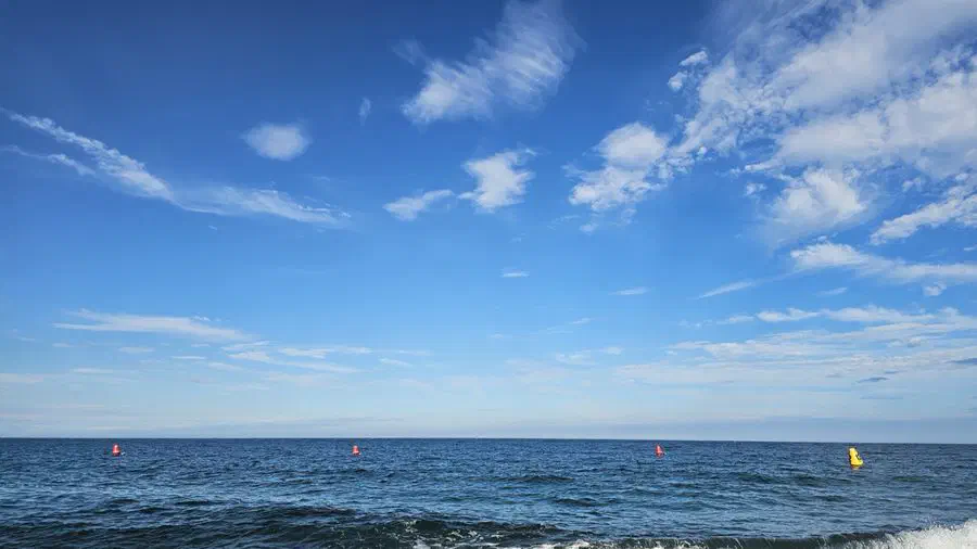 A red buoy in the water off Waryong Beach, Gyeongju