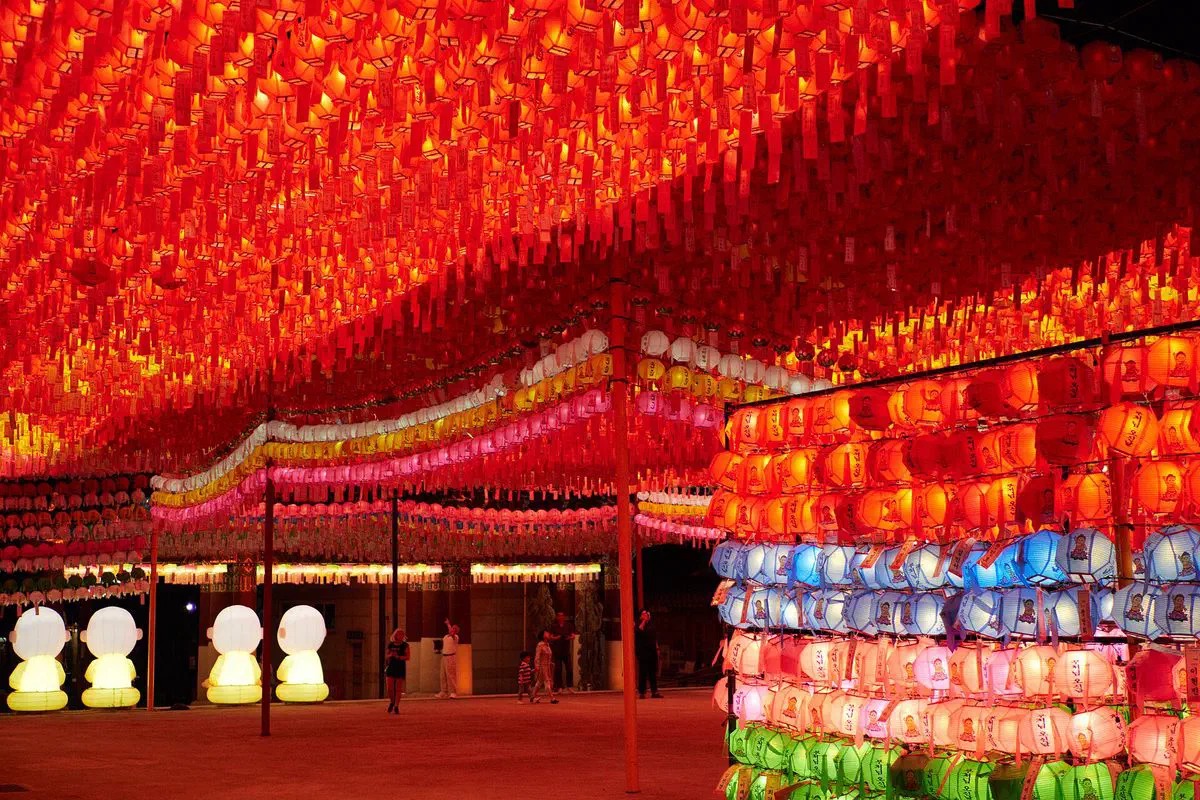 Rows of paper lanterns lit at night for Buddha's Birthday in Seoul, red lanterns overhead and colored Buddhist lanterns stacked below
